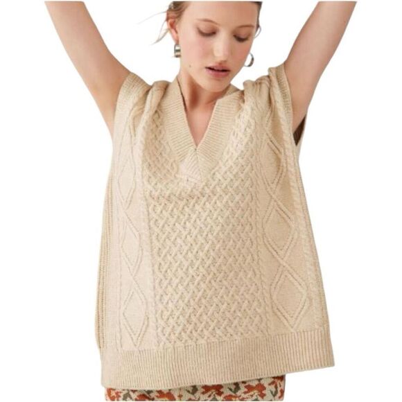 BDG Urban Outfitters Tan Benjamin Cable Knit Oversized Vest Size S Grandpa NWT - Picture 1 of 10